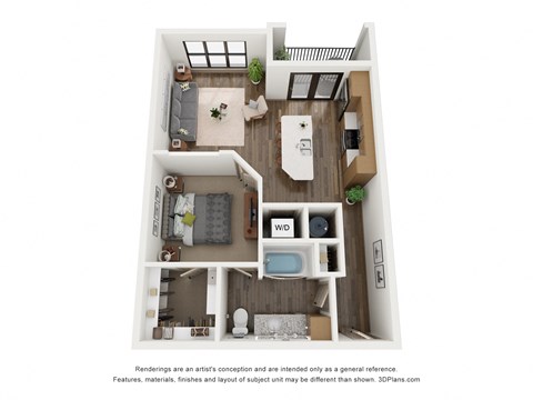Floor plan for 1 bed, 1 bath, 747 sqft